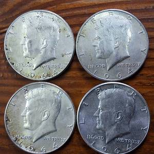 lot 360 image: Lot of 4 1964 Kennedy Half Dollars  Circulated 90% Silver (4 coins � 2 dollar face value)