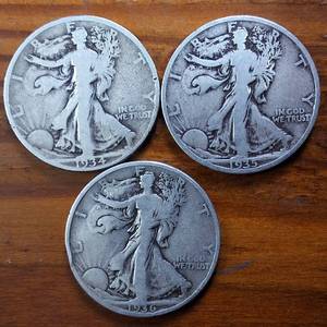 lot 303 image: Lot of 3 1934-35-36 Walking Liberty Half Dollars  Circulated 90% Silver, 3 coins � 1.5 dollars FV