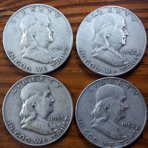 lot 306 image: Lot Series of 4 1951-D to 1954-D  Franklin Half Dollars  90% silver  .36 oz silver each  $2 Face
