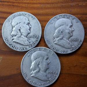 lot 309 image: Lot Series of 3 1952-D 1953-D 1954-D  Franklin Half Dollars  90% silver  .36 oz silver ea.  $1.5 Face
