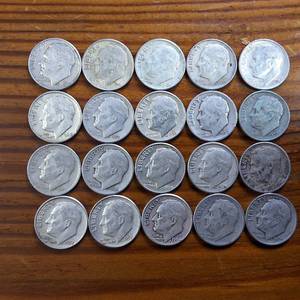 lot 327 image: 20 Coins Total  Various Years Roosevelt Dimes  90% silver in circulated condition, 2 Dollar Face