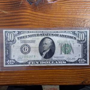 lot 313 image: 1928 FRN $10 Bill in circulated condition  �Redeemable in Gold�  Very Rare