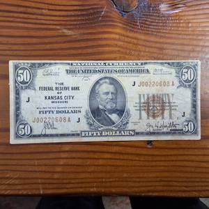 lot 370 image: 1929 �National Currency�  Miscut $50 Note  Fed Reserve of Kansas City MO  Brown Seal