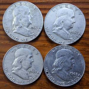 lot 386 image: Lot of 4 Really Nice Franklin Half Dollars from 1963  Shiny, nice lines .36 oz silver each, Circulated