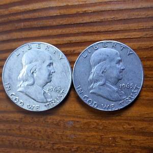 lot 389 image: Lot of 2 1963-D Franklin Half Dollars  90% silver, 10% copper coin  .36 oz silver each One  Dollar Face