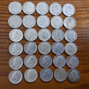 lot 390 image: Large Lot of 30 Various Years Roosevelt Dimes  90% silver in circulated condition, 3 Dollar FV