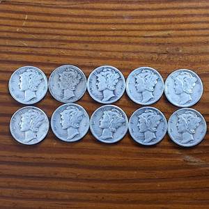 lot 395 image: Lot of 10 Multiple Years Mercury Dimes  90% silver in circulated condition  One Dollar Face Value