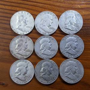 lot 398 image: Lot of 9 TRIFECTA Nice Franklin Half Dollars � 3 Sequential Sets from 1961 to 1963  WOW