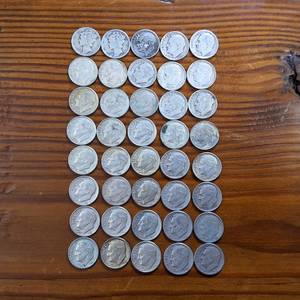 lot 399 image: Large Lot of 40 Various Years  90% silver Dimes (2Mercs  Roosevelts) circulated $4 Face Value