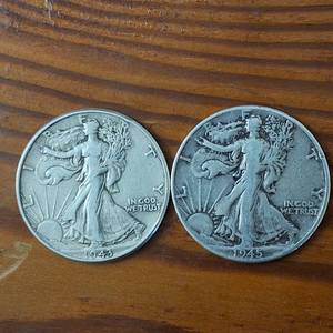 lot 408 image: Lot of 2 Coins 1943 & 1945 Walking Liberty Half Dollars   90% Silver ($1 Face Value)  Circulated