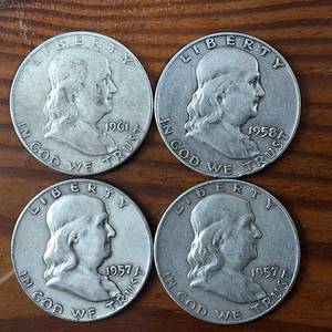lot 410 image: Lot of 4 Good Condition Franklin Half Dollars  2x1957-D, 1958-D, 1961-D  $2 Face Value