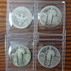lot 413 image: Lot of 4 Very Old 90% Silver Quarters from 1907 -  4 Total $1 face value, Barber, Standing Liberty