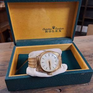lot 434 image: Vintage 14K Gold Rolex Oyster Perpetual Watch (Authenticated)  14K Gold Watchband, 16 mm