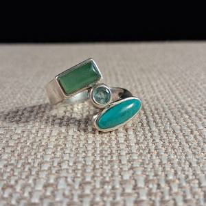 lot 253 image: Aquamarine - Turquoise - Jade - Sterling Silver Ring - Size 8 - 8.25 - 6.5g - MARCH Birthstone