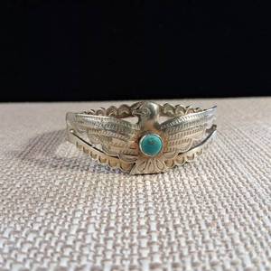lot 271 image: Classic Native American Thunderbird Bracelet w Turquoise - Cuff - .925 Sterling Silver - 17.8g