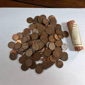 lot 418 image: Large Lot of Copper Pennies including a bonus, unopened roll of Certified Lincolns