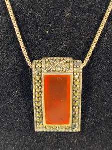 lot 6 image: 925 Art Deco Carnelian Pendant & Long Chain