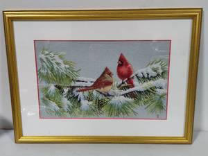lot 102 image: Framed Needlepoint Cardinals