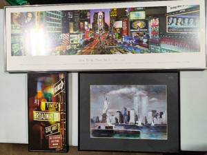 lot 103 image: NYC Panorama of Times Square, Canvas Street Sign & Framed Twin Towers by Haiyan