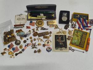 lot 123 image: Large Lot of Money Clips, Pins, American LegionShrinerLionsMasonic Jewelry, Etc.