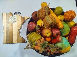lot 128 image: Rock & Branch Minnesota Shaped Cutting Board New wTag & Large Bowl of Asst Fruits