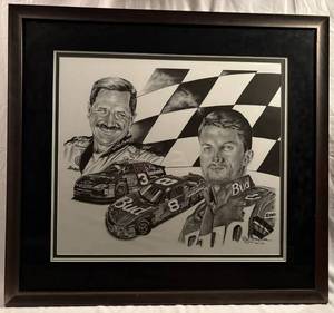lot 5 image: Dale Earnhardt Sr & Jr Black and White framed print