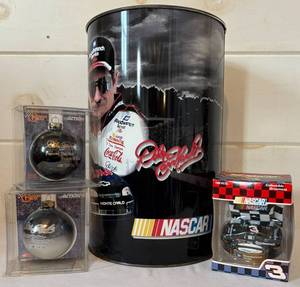 lot 19 image: Dale Earnhardt Sr. Metal Can and 3 Ornaments