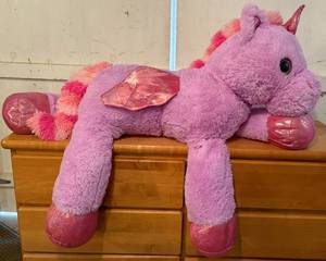 lot 21 image: Large Pink Stuffed Plush Unicorn Toy