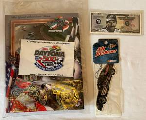 lot 69 image: 1998 Daytona 500 Official Program, Dale Earnhardt $1,000,000 Note, Air Freshener