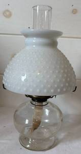 lot 132 image: Vintage Oil Lamp with Hobnail Milk Glass Shade