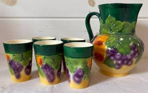 lot 135 image: Vintage Ditmar Urbach Art Pottery Pitcher and Glasses from Czechoslovakia