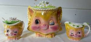 lot 153 image: Vintage Miss Priss Kitty Cookie Jar, Creamer and Sugar Set