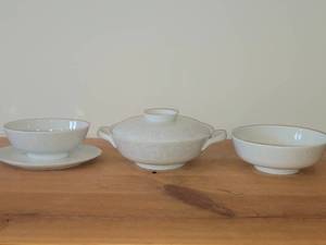 Lot of (3) Dinnerware - Damask by Easterling (Bavaria Germany) - Covered Vegetable Dish 10-12 x 8-12 x 4, Bowl 7-14 x 2-58, Gravy Boat 9 x 7 x 3-14