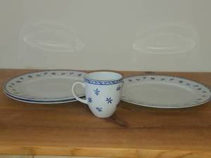 Porcelain Dinnerwares - 11 Dinner Plates (x3) and Coffee Mug (x1) - 1885-2013 by Porsgrund (Norway)  Bluebird Flower pattern