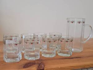 Lot of (8) Multi-Sided Glassware Tumblers - Heart & Pine by Porsgrund (Norway) with Pitcher