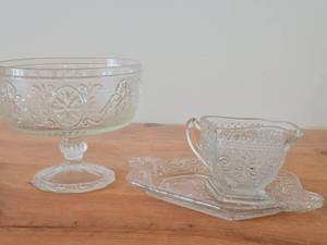 Indiana Glass Clear Glass Creamer, Plate, Pedestal Compote Bowl  Tiara Sandwich pattern