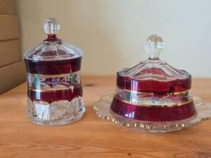 Vintage Glass Covered Sugar Bowl and Covered Butter Dish / Early American pattern / (ruby red flashed)
