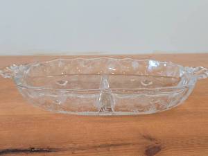 Vintage Glass Footed 3-Part Divided Relish Dish by Fostoria Glass (1940s-1970s)  Chintz Etched Floral pattern  (baroque shaped blank)