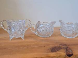 Vintage Late 1800s - Early 1900s American Brilliant Period Hand-Blown  Hand-Cut Crystal Glass Sugar Bowls (x2) and Creamer