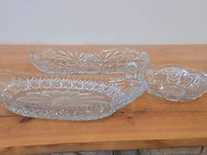 Vintage Late 1800s - Early 1900s American Brilliant Period Hand-Blown  Hand-Cut Crystal Glass Relish  Celery Trays (x2) and Nappy Dish