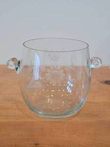 Vintage Etched Glass Ice Bucket  Vase with Snail Handles