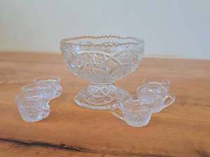 Vintage Early American Pattern Glass Childrens Punch Bowl Tea Party Set by US Glass
