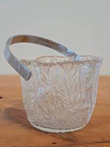 Vintage Scandinavian Iceberg Textured Glass Ice Bucket  Pail with Stainless Steel Swing Handle  Mid-Century Modern style