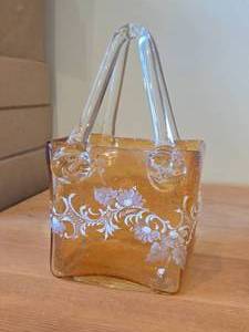 Vintage Handbag theme Art Glass Vase  Murano style  (amber with white floral etching)