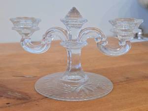 Vintage Crystal Glass Candleholder  Double Stick  Flat Foot Taper by Fostoric Glass  Midnight Rose with Etching on base pattern