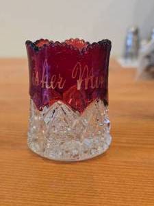 Early American Pattern Glass Souvenier Toothpick Holder  Etched with Fisher Minnesota pattern
