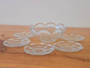 Fostoria Cleared Pressed Glass Scalloped Edge Bowl and (5) Matching Fruit  Nut  Side Plates
