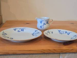 Lot of (3) Porcelain Dinnerwares by Porsgrund (Norway)  Blue Floral Design with Brown Trim  - 8 Plate, 6-34 Salad Plate, Creamer 3 x 3-14