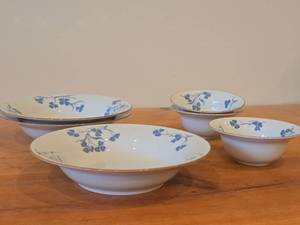 Lot of (6) Porcelain Dinnerwares by Porsgrund (Norway)  Blue Floral Design with Brown Trim  - 7-12 Soup Bowls (x3) and 4-34 Fruit  Nut Bowls (x3)