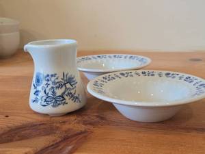 Vintage Porcelain Bowls (x2) and Creamer Jug by Porsgrund (Norway)  Blue Floral pattern